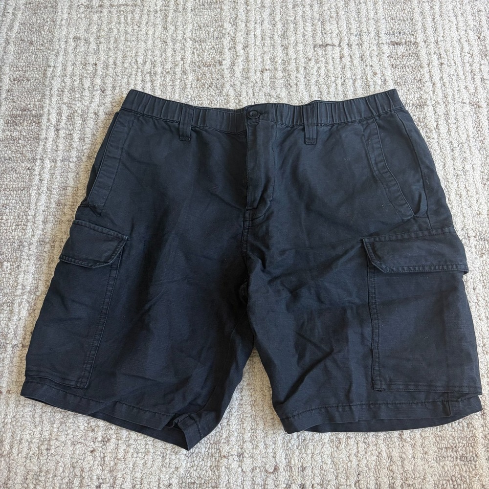 Lucky Brand Mens Black Ripstop Cargo Shorts Elastic Waist Size 32 Utility Work